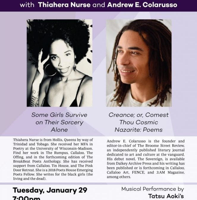 Drinking Gourd Chapbook Poetry Prize Celebration with Thiahera Nurse and Andrew E. Colarusso, Tuesday, January 29th 2018